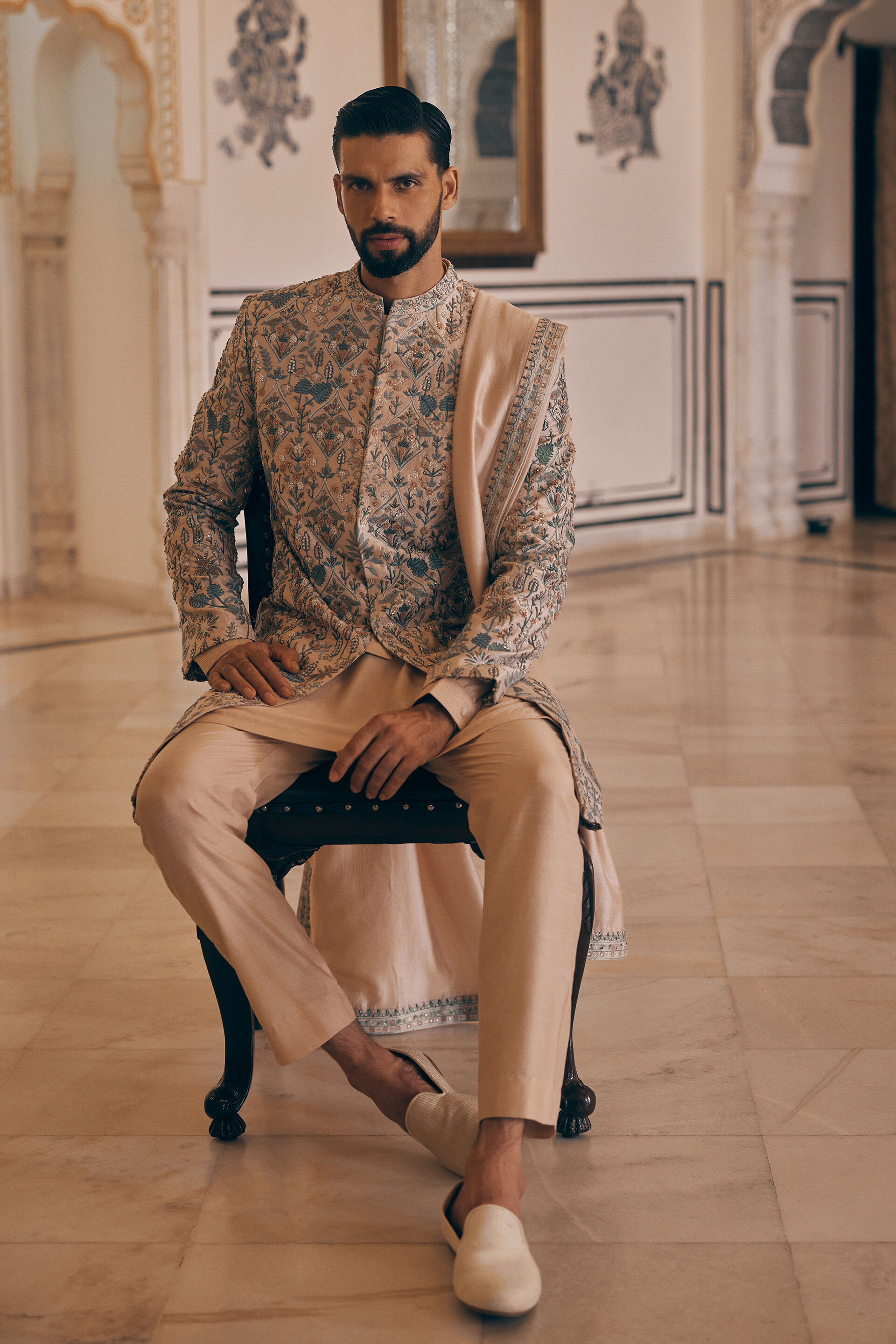 Almir Aari Embroidered Silk Sherwani - Champagne, Champagne, image 3